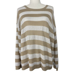 EILEEN FISHER round oversized sweater striped Beige/White Large $258 A003040